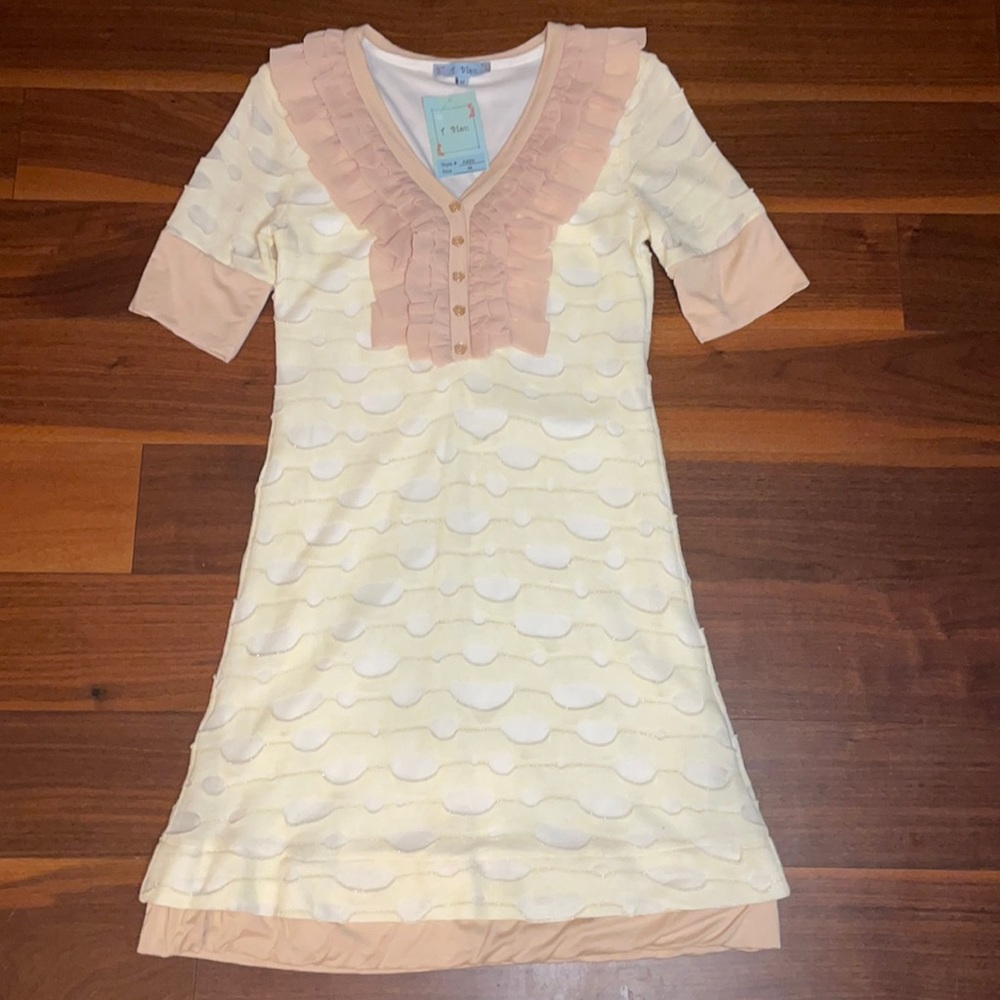 Scalloped, ruffled, sweater dress, neutral colors